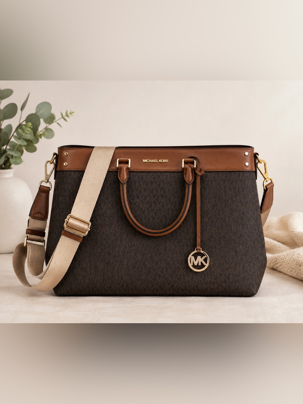 Michael Kors Gold Logo & Brown Leather Messenger with Beige Strap